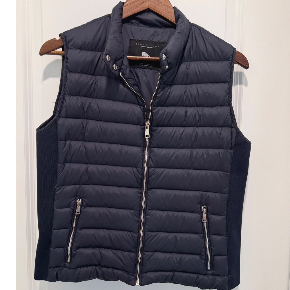 Zara Puffer Vest Womens XL Navy Blue Excellent Quilted Zip Up Down Jacket